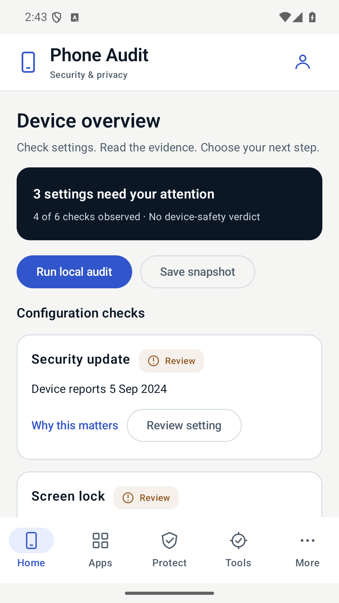 Phone Audit device overview showing review findings with guidance and Android settings actions